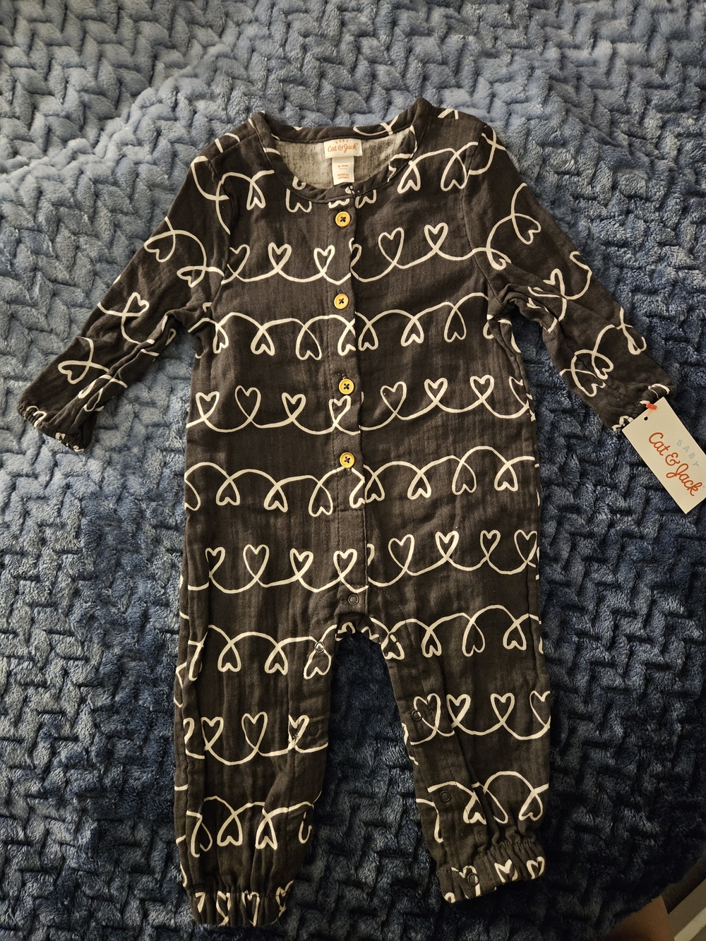 Cat & Jack Black Heart-Print One-Piece Romper with Yellow Buttons